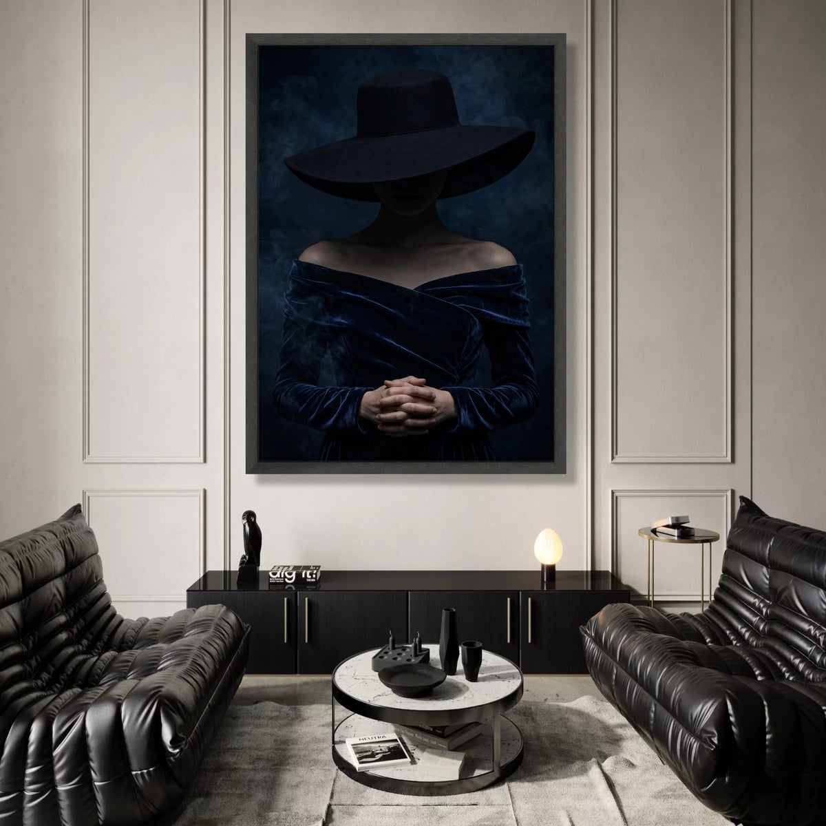 Mysterious Woman with Wide Brim Hat, Dark Fashion Portrait Canvas, Moody Wall Art, Elegant Female Figure, Home Decor Canvas Canvas Print Art