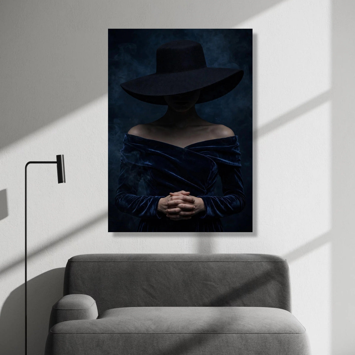 Mysterious Woman with Wide Brim Hat, Dark Fashion Portrait Canvas, Moody Wall Art, Elegant Female Figure, Home Decor Canvas Canvas Print Art