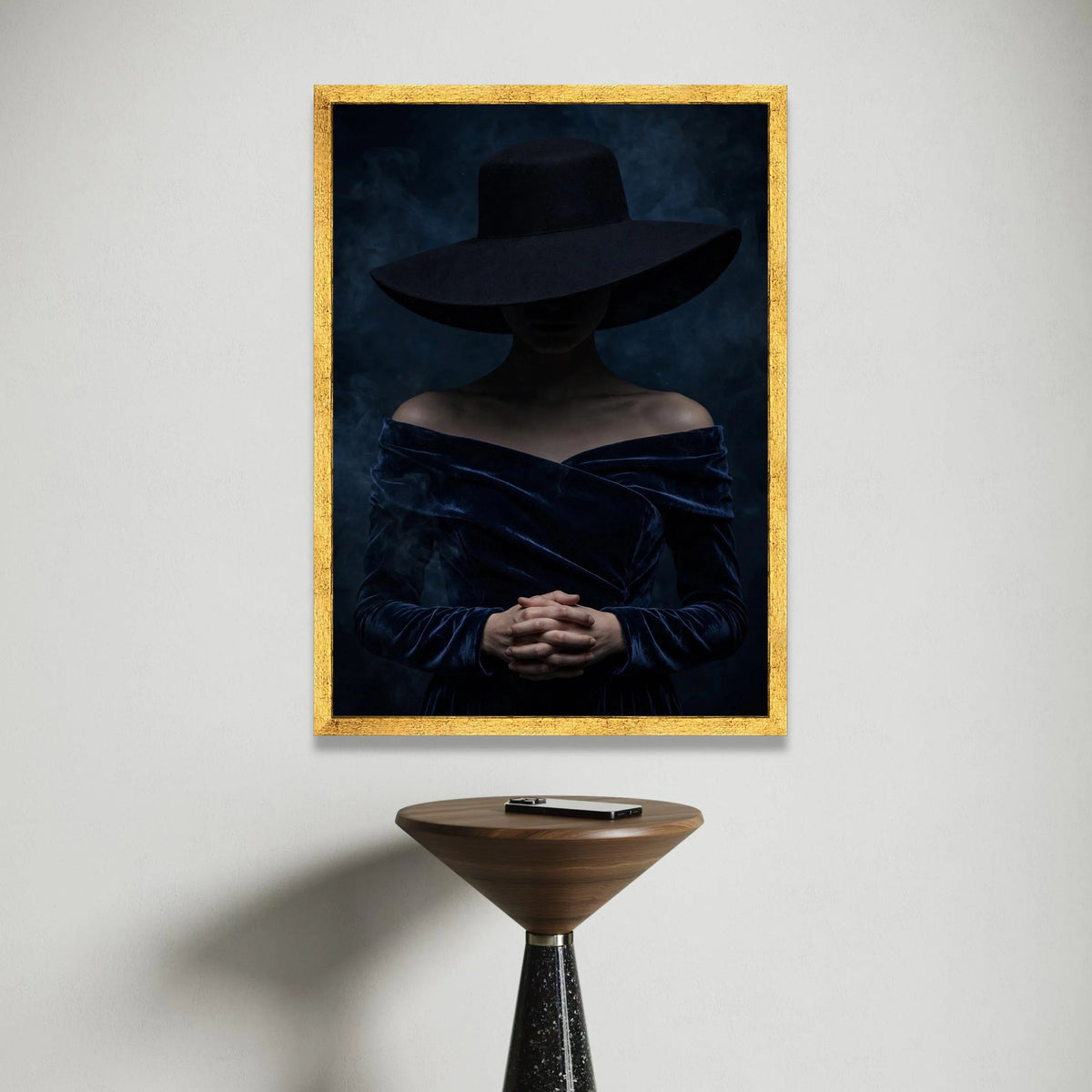 Mysterious Woman with Wide Brim Hat, Dark Fashion Portrait Canvas, Moody Wall Art, Elegant Female Figure, Home Decor Canvas Canvas Print Art