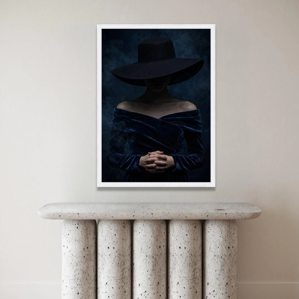 Mysterious Woman with Wide Brim Hat, Dark Fashion Portrait Canvas, Moody Wall Art, Elegant Female Figure, Home Decor Canvas Canvas Print Art