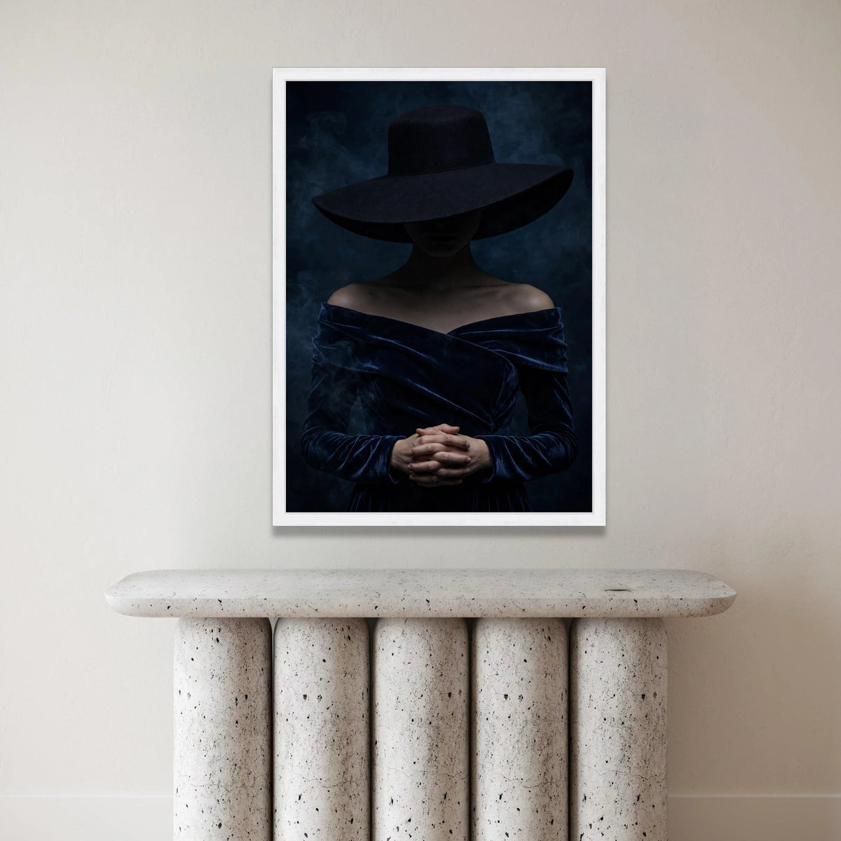 Mysterious Woman with Wide Brim Hat, Dark Fashion Portrait Canvas, Moody Wall Art, Elegant Female Figure, Home Decor Canvas Canvas Print Art