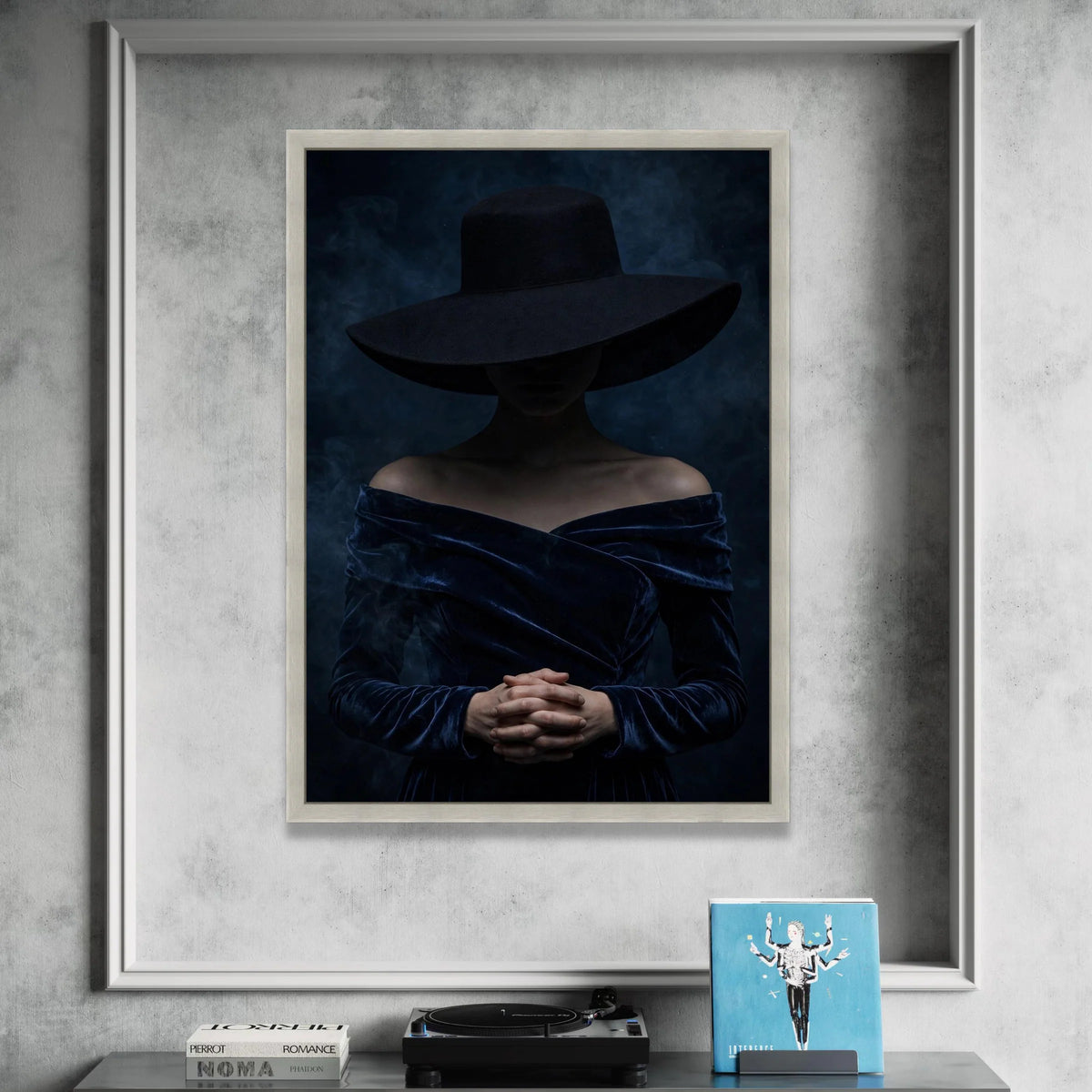 Mysterious Woman with Wide Brim Hat, Dark Fashion Portrait Canvas, Moody Wall Art, Elegant Female Figure, Home Decor Canvas Canvas Print Art