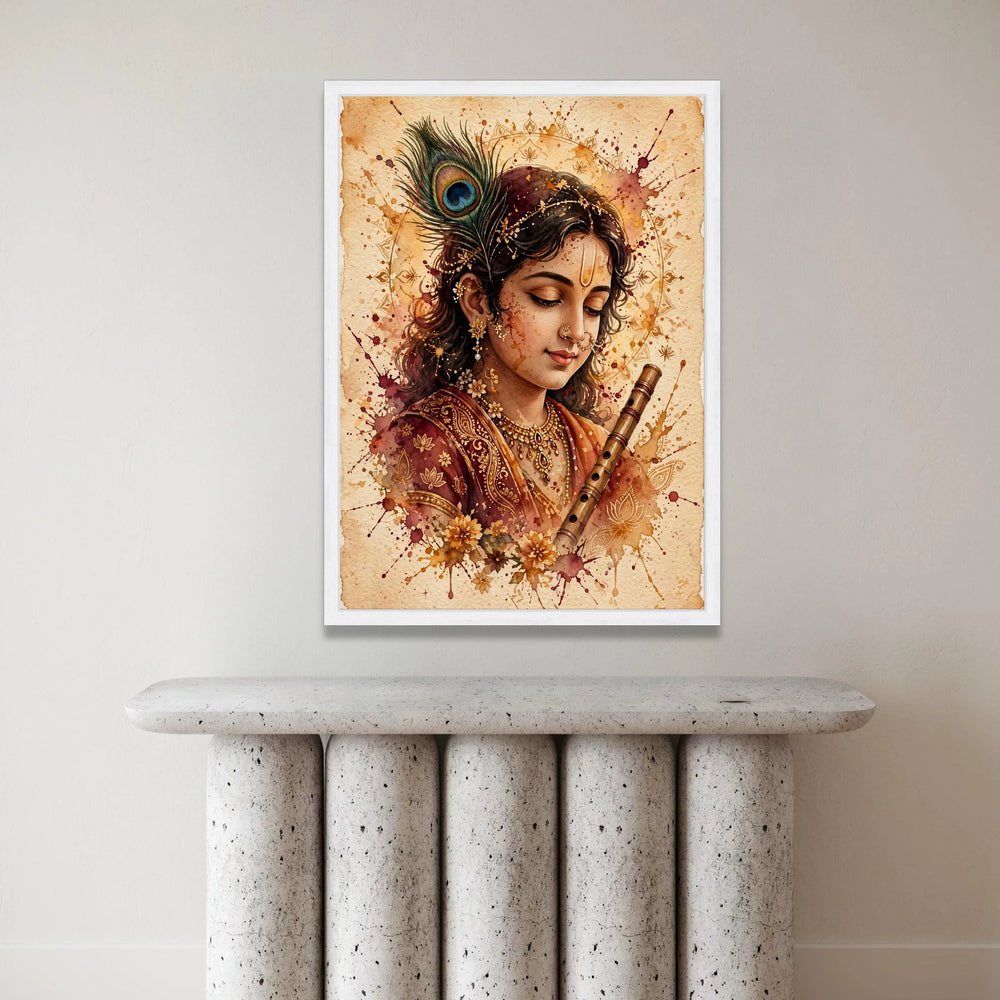 Elegant Krishna Portrait Canvas, Traditional Indian Art, Spiritual Flute Player, Decorative Wall Art, Cultural Home Decor Canvas Print Art