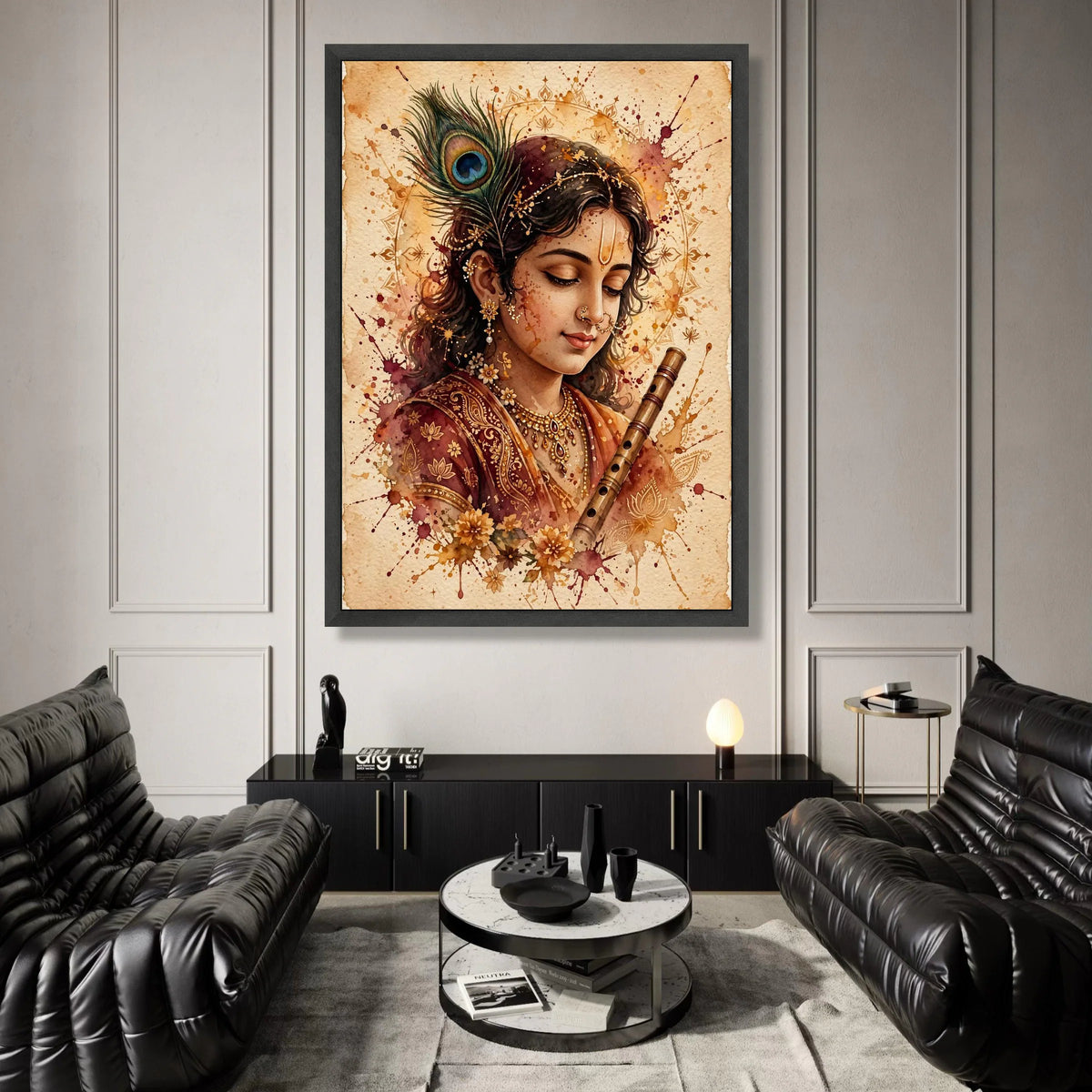 Elegant Krishna Portrait Canvas, Traditional Indian Art, Spiritual Flute Player, Decorative Wall Art, Cultural Home Decor Canvas Print Art