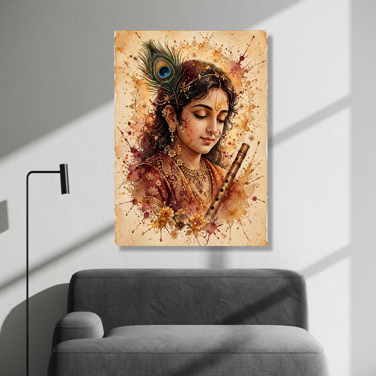 Elegant Krishna Portrait Canvas, Traditional Indian Art, Spiritual Flute Player, Decorative Wall Art, Cultural Home Decor Canvas Print Art