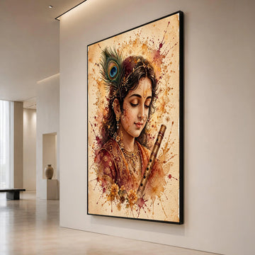 Elegant Krishna Portrait Canvas, Traditional Indian Art, Spiritual Flute Player, Decorative Wall Art, Cultural Home Decor Canvas Print Art