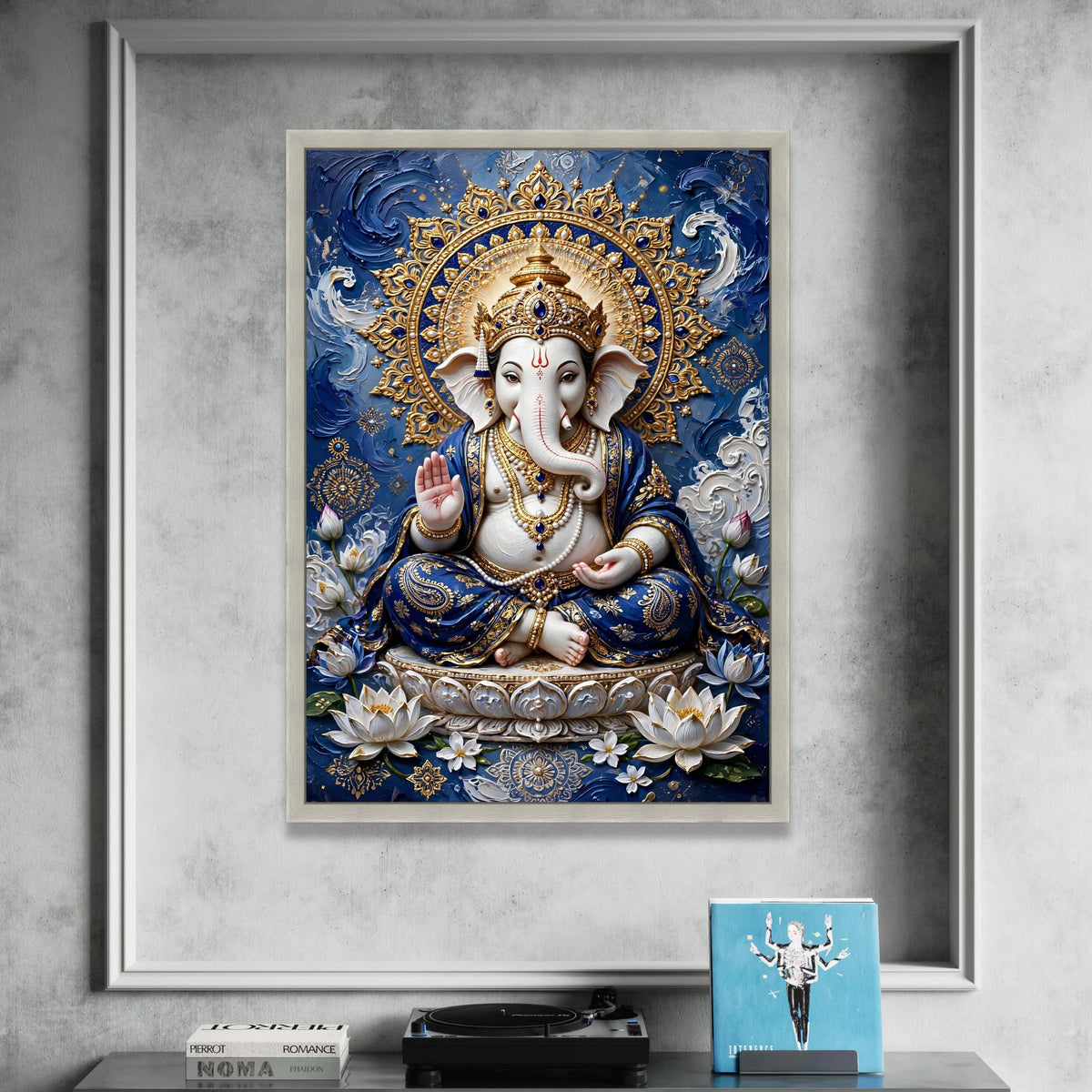 Divine Lord Ganesha Canvas Wall Art, Hindu God Decor, Spiritual Elephant Canvas, Indian Culture Artwork, Blue and Gold Home Canvas Print Art