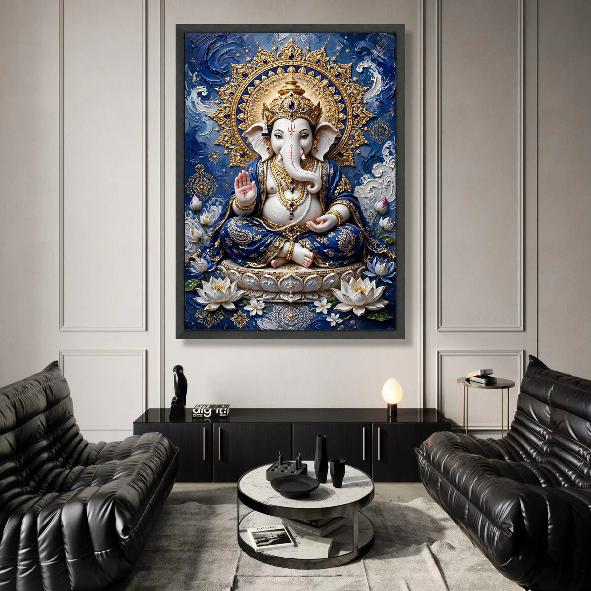 Divine Lord Ganesha Canvas Wall Art, Hindu God Decor, Spiritual Elephant Canvas, Indian Culture Artwork, Blue and Gold Home Canvas Print Art