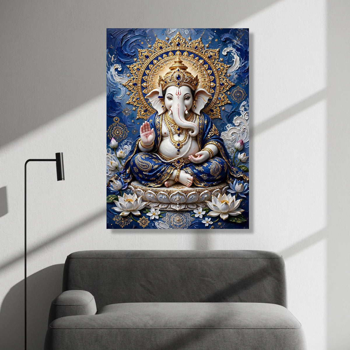 Divine Lord Ganesha Canvas Wall Art, Hindu God Decor, Spiritual Elephant Canvas, Indian Culture Artwork, Blue and Gold Home Canvas Print Art