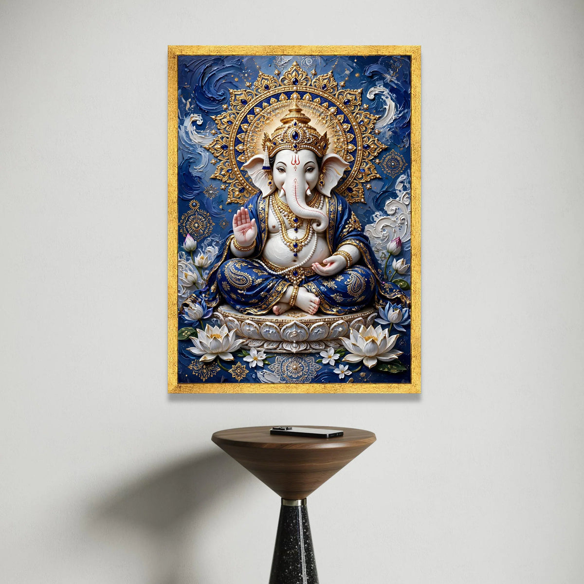 Divine Lord Ganesha Canvas Wall Art, Hindu God Decor, Spiritual Elephant Canvas, Indian Culture Artwork, Blue and Gold Home Canvas Print Art
