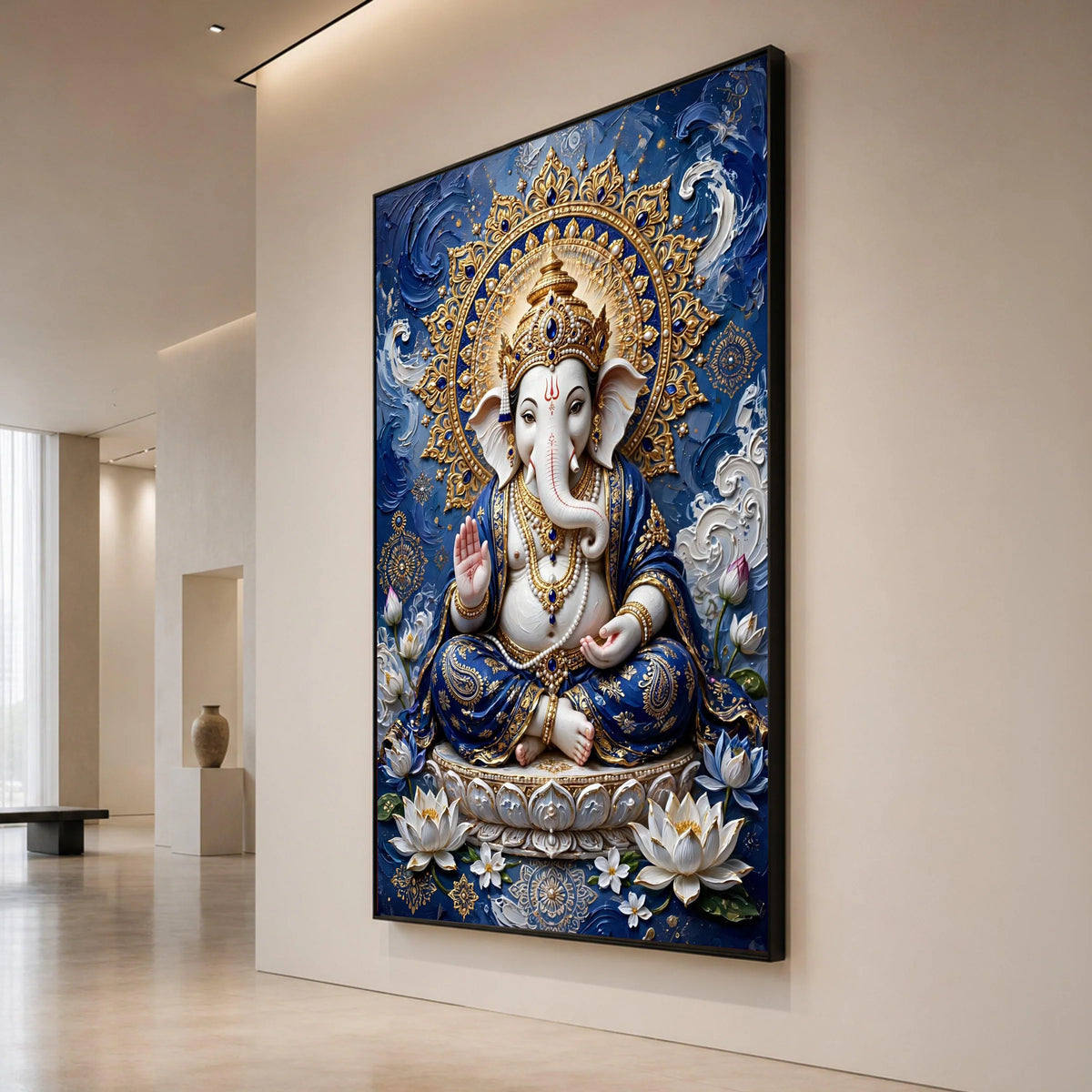 Divine Lord Ganesha Canvas Wall Art, Hindu God Decor, Spiritual Elephant Canvas, Indian Culture Artwork, Blue and Gold Home Canvas Print Art
