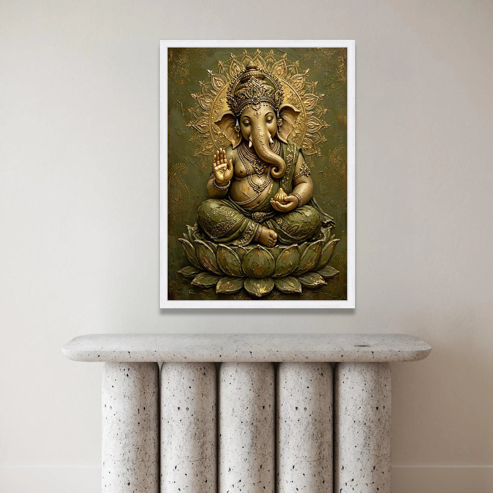 Majestic Ganesha Canvas Wall Art, Elephant Deity Painting, Spiritual Hindu Home Decor, Sacred Lotus Meditation Canvas, Canvas Print Art