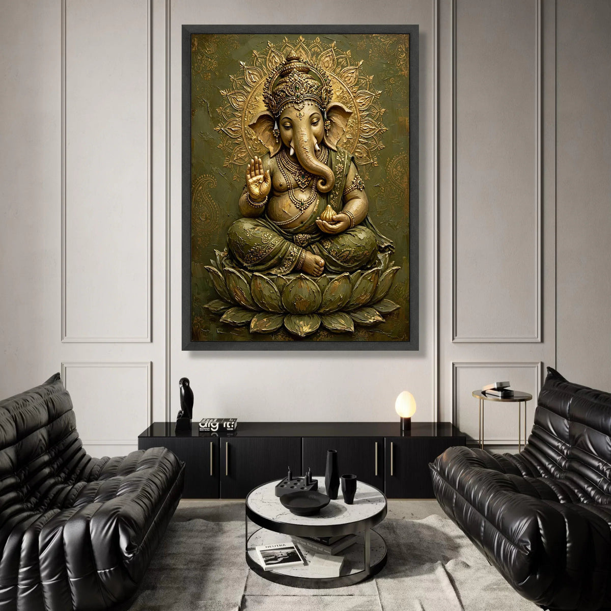 Majestic Ganesha Canvas Wall Art, Elephant Deity Painting, Spiritual Hindu Home Decor, Sacred Lotus Meditation Canvas, Canvas Print Art