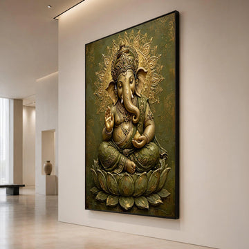 Majestic Ganesha Canvas Wall Art, Elephant Deity Painting, Spiritual Hindu Home Decor, Sacred Lotus Meditation Canvas, Canvas Print Art
