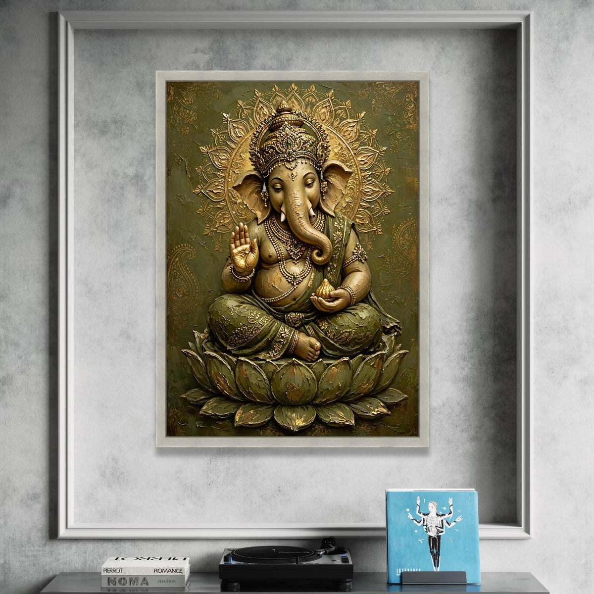 Majestic Ganesha Canvas Wall Art, Elephant Deity Painting, Spiritual Hindu Home Decor, Sacred Lotus Meditation Canvas, Canvas Print Art