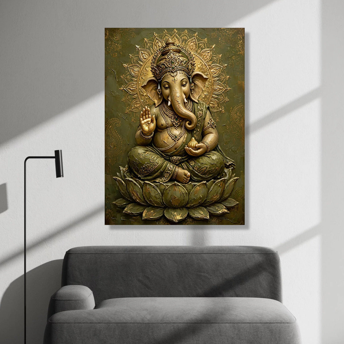 Majestic Ganesha Canvas Wall Art, Elephant Deity Painting, Spiritual Hindu Home Decor, Sacred Lotus Meditation Canvas, Canvas Print Art