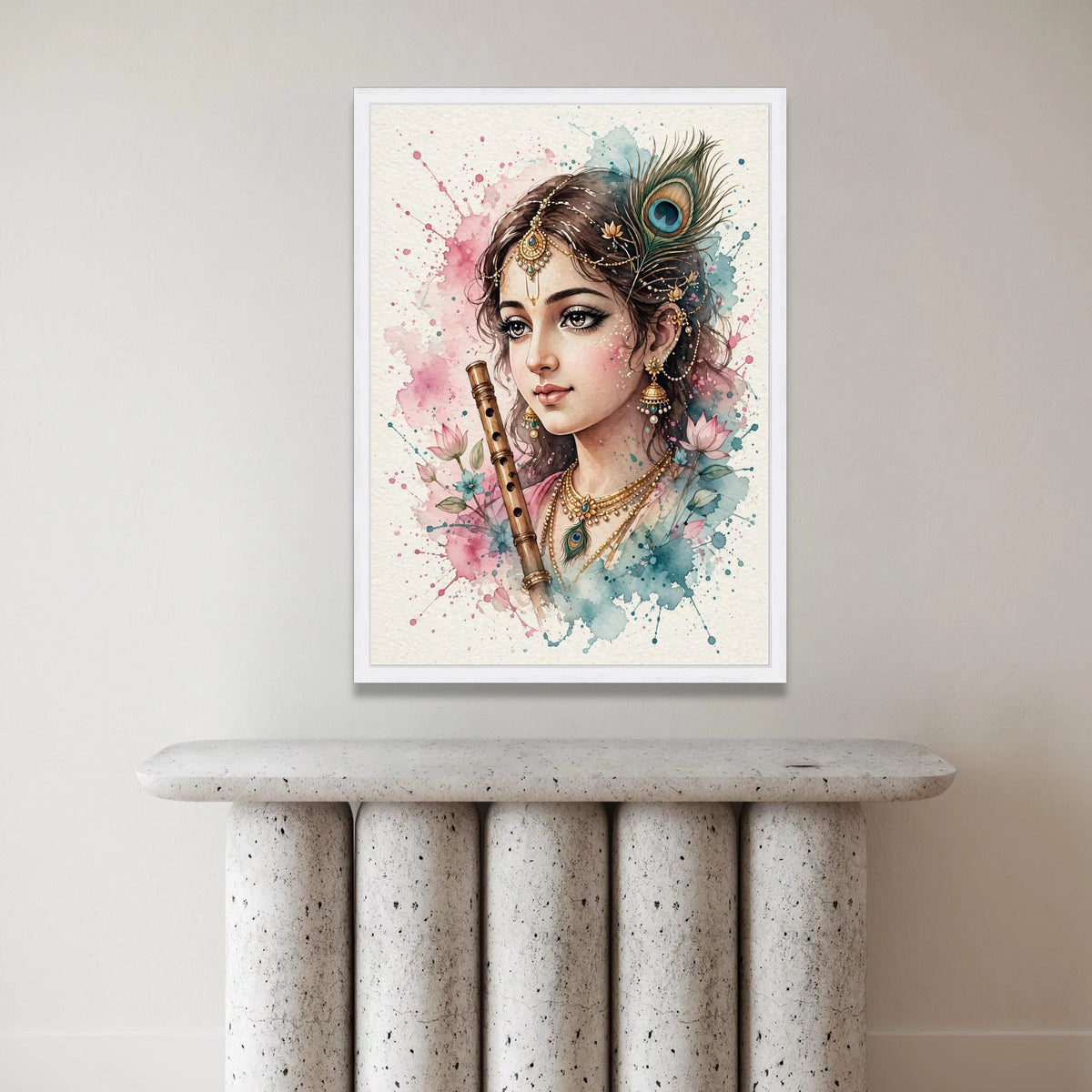 Mystic Indian Woman with Flute Canvas Wall Art, Bohemian Portrait Painting, Peacock Feather Decor, Floral Watercolor Print, Canvas Print Art
