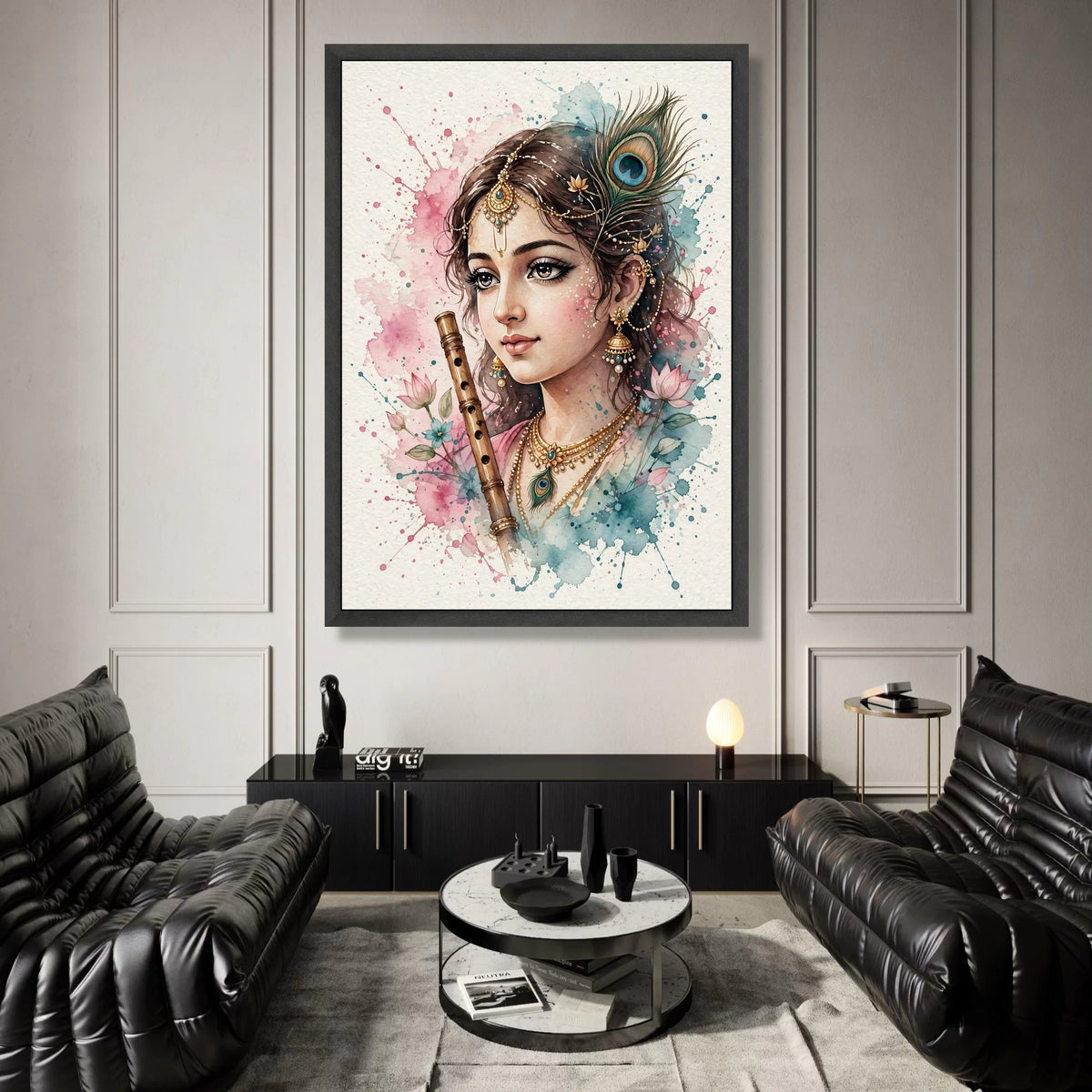 Mystic Indian Woman with Flute Canvas Wall Art, Bohemian Portrait Painting, Peacock Feather Decor, Floral Watercolor Print, Canvas Print Art