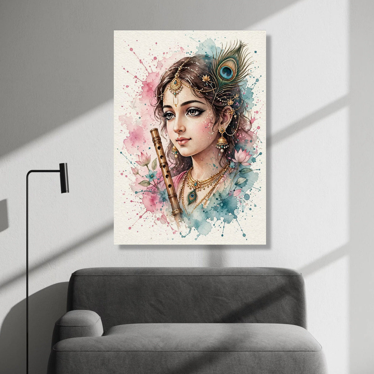 Mystic Indian Woman with Flute Canvas Wall Art, Bohemian Portrait Painting, Peacock Feather Decor, Floral Watercolor Print, Canvas Print Art