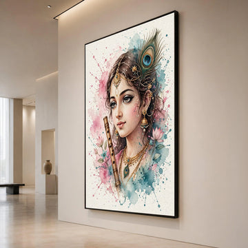 Mystic Indian Woman with Flute Canvas Wall Art, Bohemian Portrait Painting, Peacock Feather Decor, Floral Watercolor Print, Canvas Print Art