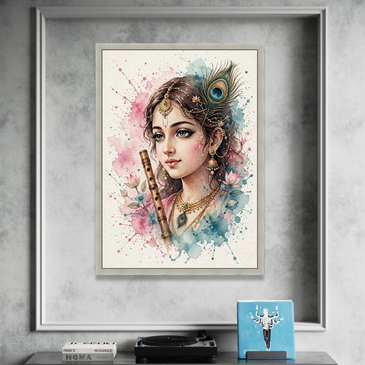 Mystic Indian Woman with Flute Canvas Wall Art, Bohemian Portrait Painting, Peacock Feather Decor, Floral Watercolor Print, Canvas Print Art