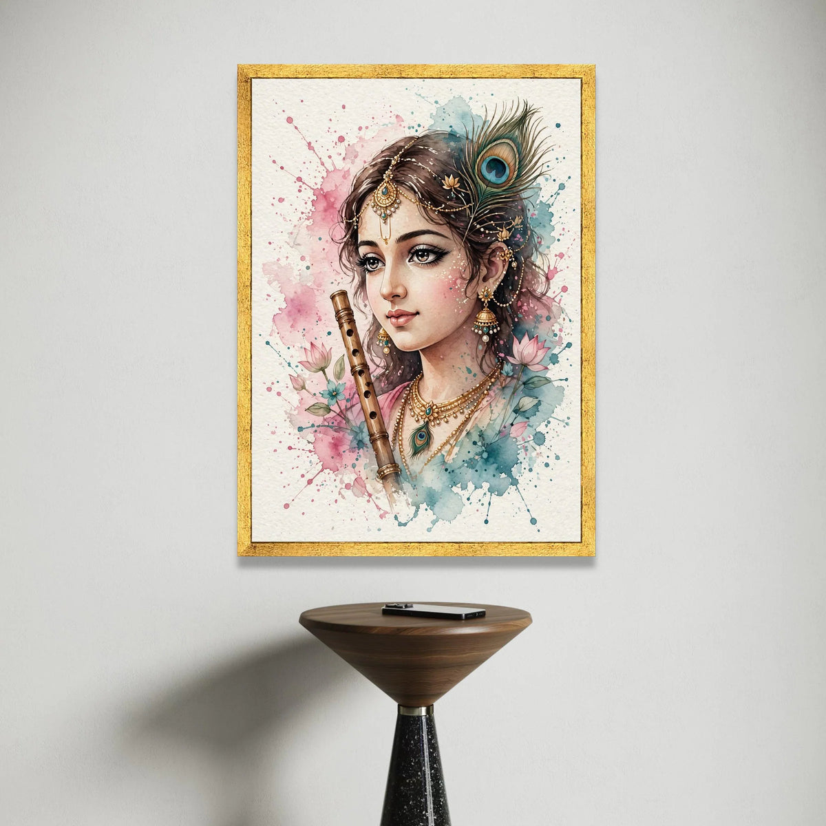 Mystic Indian Woman with Flute Canvas Wall Art, Bohemian Portrait Painting, Peacock Feather Decor, Floral Watercolor Print, Canvas Print Art