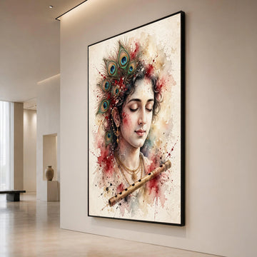 Serene Krishna Portrait Canvas, Peacock Feather Headdress Wall Art, Spiritual Indian Art, Musical Flute Decoration, Canvas Print Art