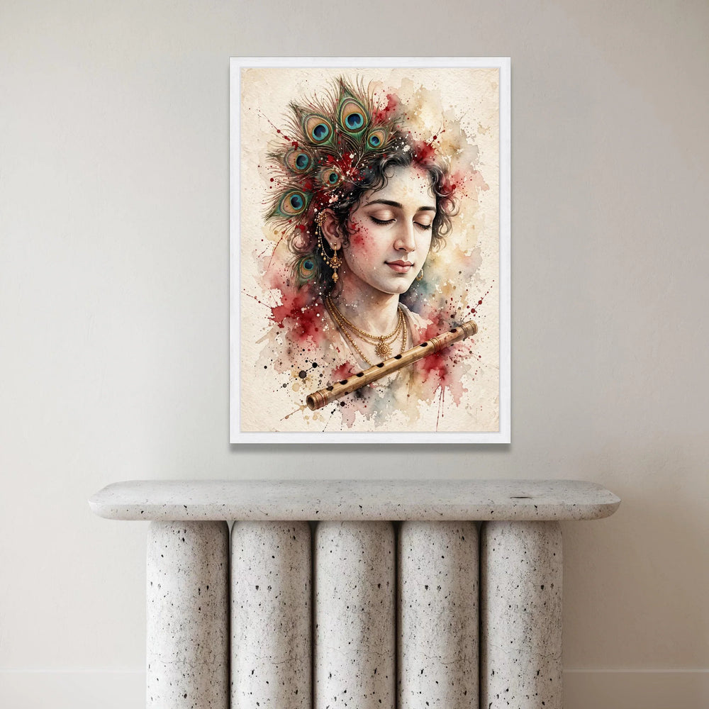 Serene Krishna Portrait Canvas, Peacock Feather Headdress Wall Art, Spiritual Indian Art, Musical Flute Decoration, Canvas Print Art