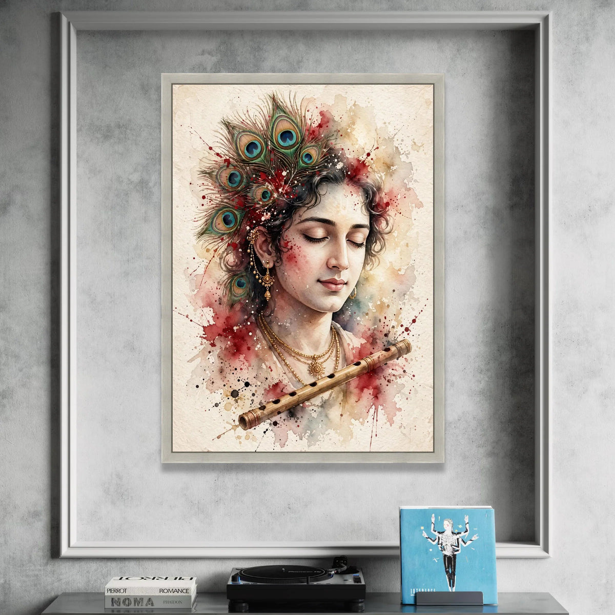 Serene Krishna Portrait Canvas, Peacock Feather Headdress Wall Art, Spiritual Indian Art, Musical Flute Decoration, Canvas Print Art