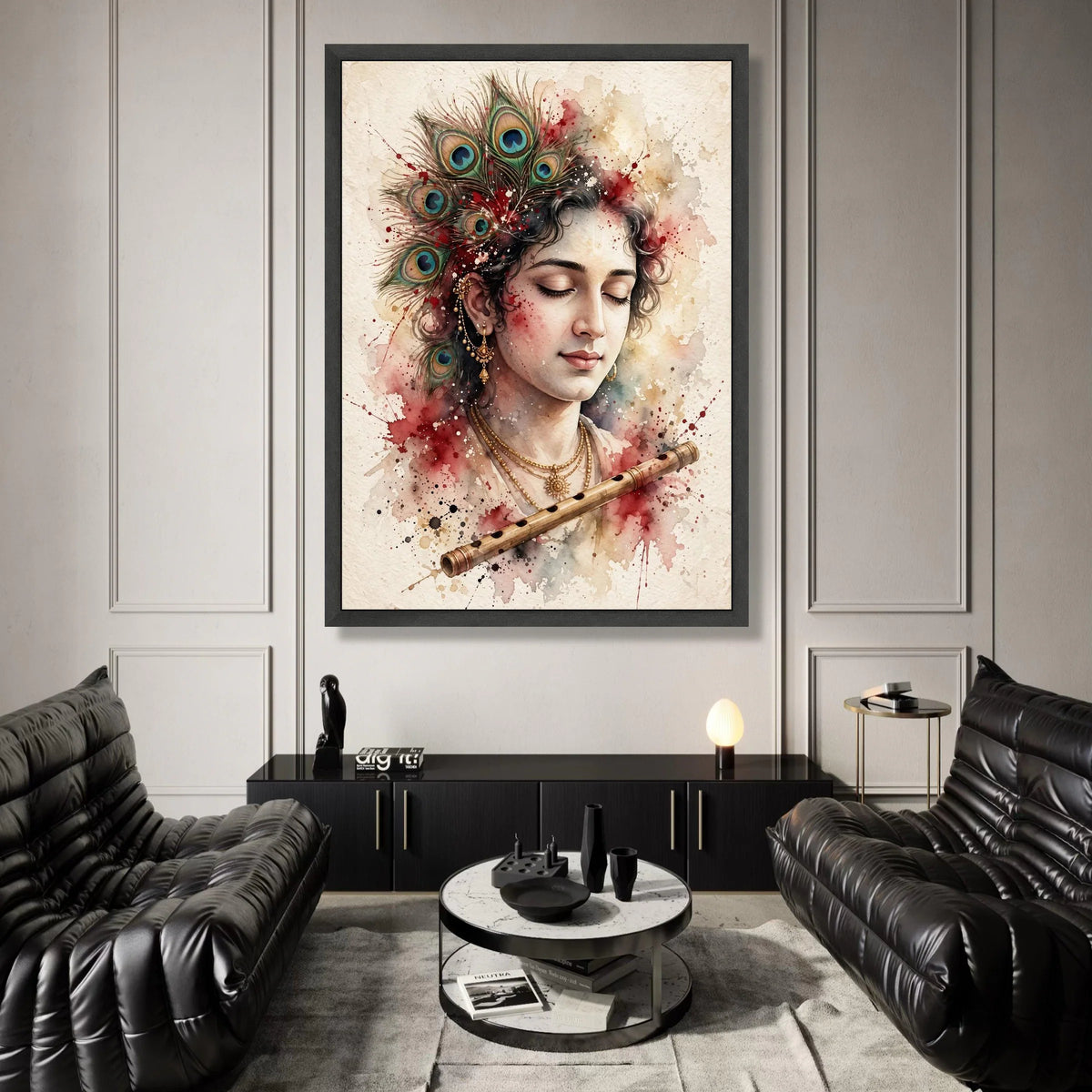 Serene Krishna Portrait Canvas, Peacock Feather Headdress Wall Art, Spiritual Indian Art, Musical Flute Decoration, Canvas Print Art