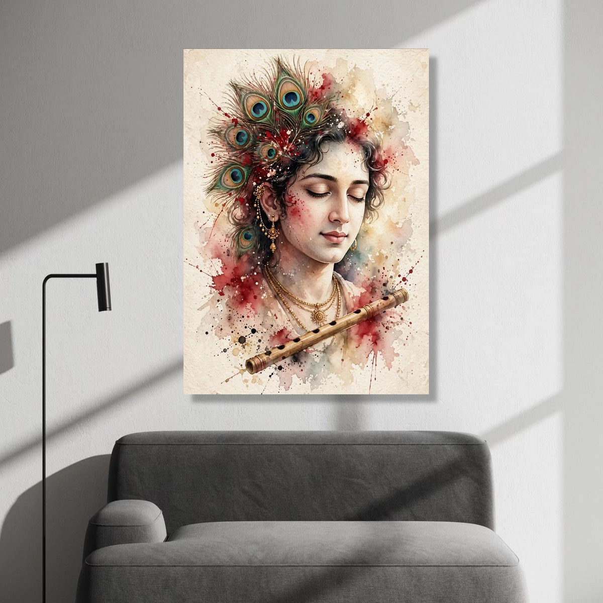 Serene Krishna Portrait Canvas, Peacock Feather Headdress Wall Art, Spiritual Indian Art, Musical Flute Decoration, Canvas Print Art
