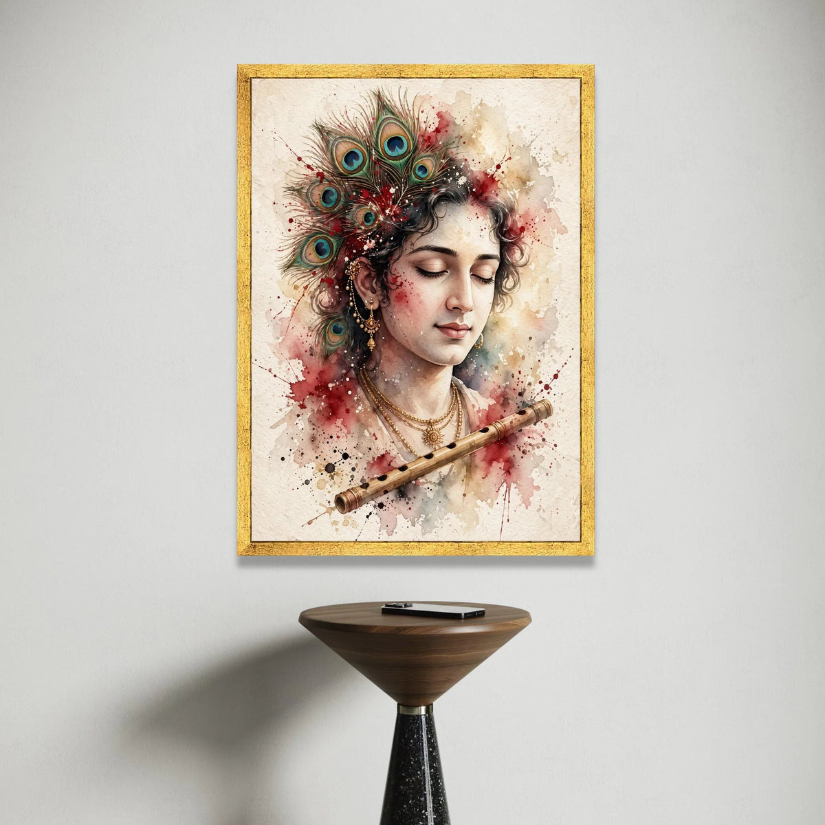 Serene Krishna Portrait Canvas, Peacock Feather Headdress Wall Art, Spiritual Indian Art, Musical Flute Decoration, Canvas Print Art