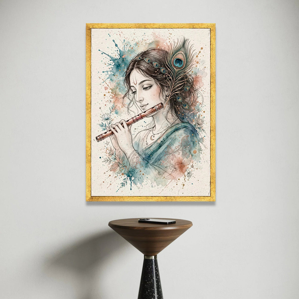 Serene Woman Playing Flute Canvas, Peacock Feather Crown Art, Boho Spiritual Wall Decor, Watercolor Floral Design, Ready to Canvas Print Art