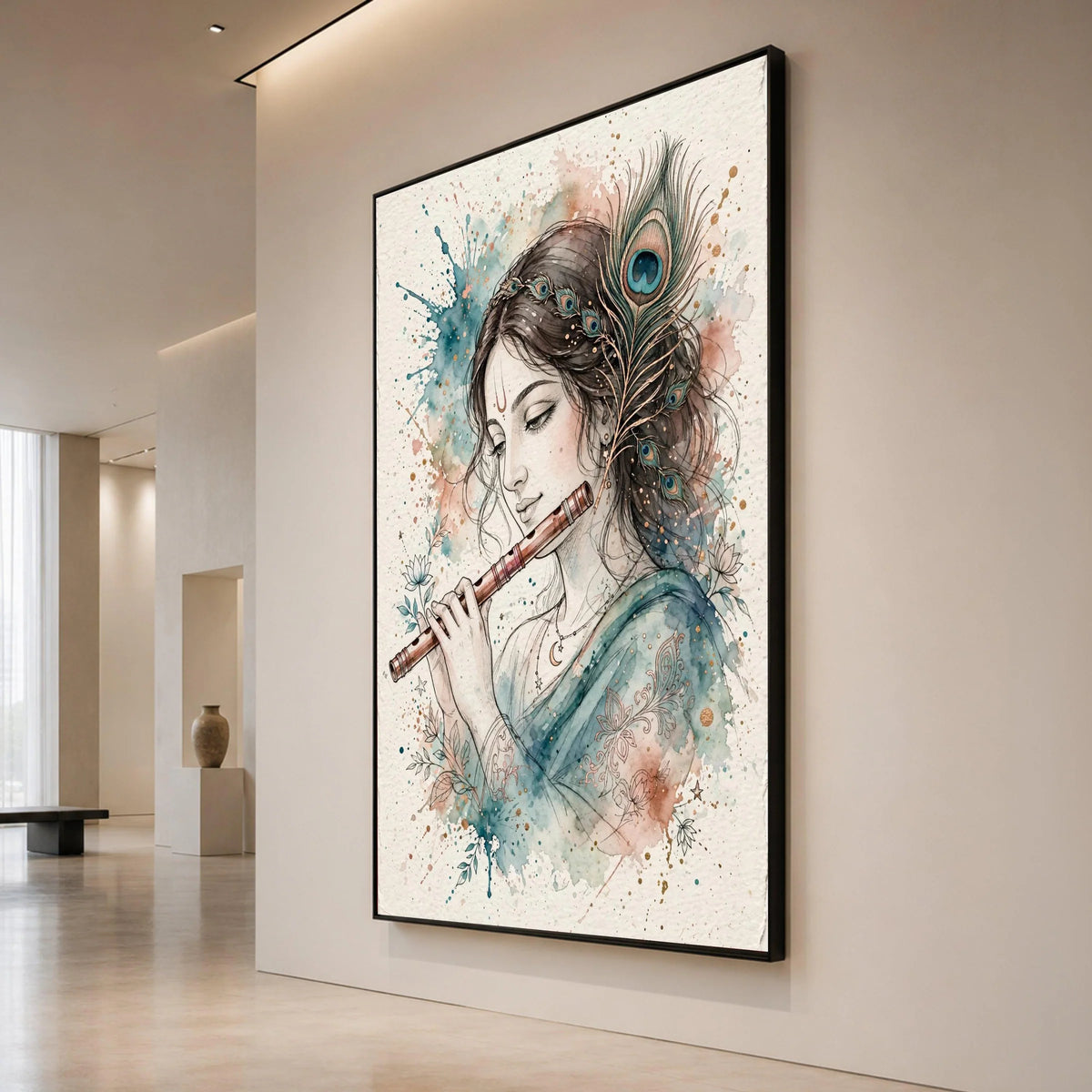 Serene Woman Playing Flute Canvas, Peacock Feather Crown Art, Boho Spiritual Wall Decor, Watercolor Floral Design, Ready to Canvas Print Art
