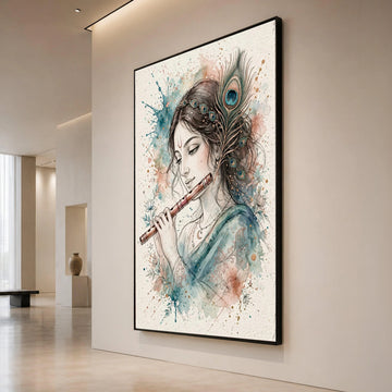 Serene Woman Playing Flute Canvas, Peacock Feather Crown Art, Boho Spiritual Wall Decor, Watercolor Floral Design, Ready to Canvas Print Art