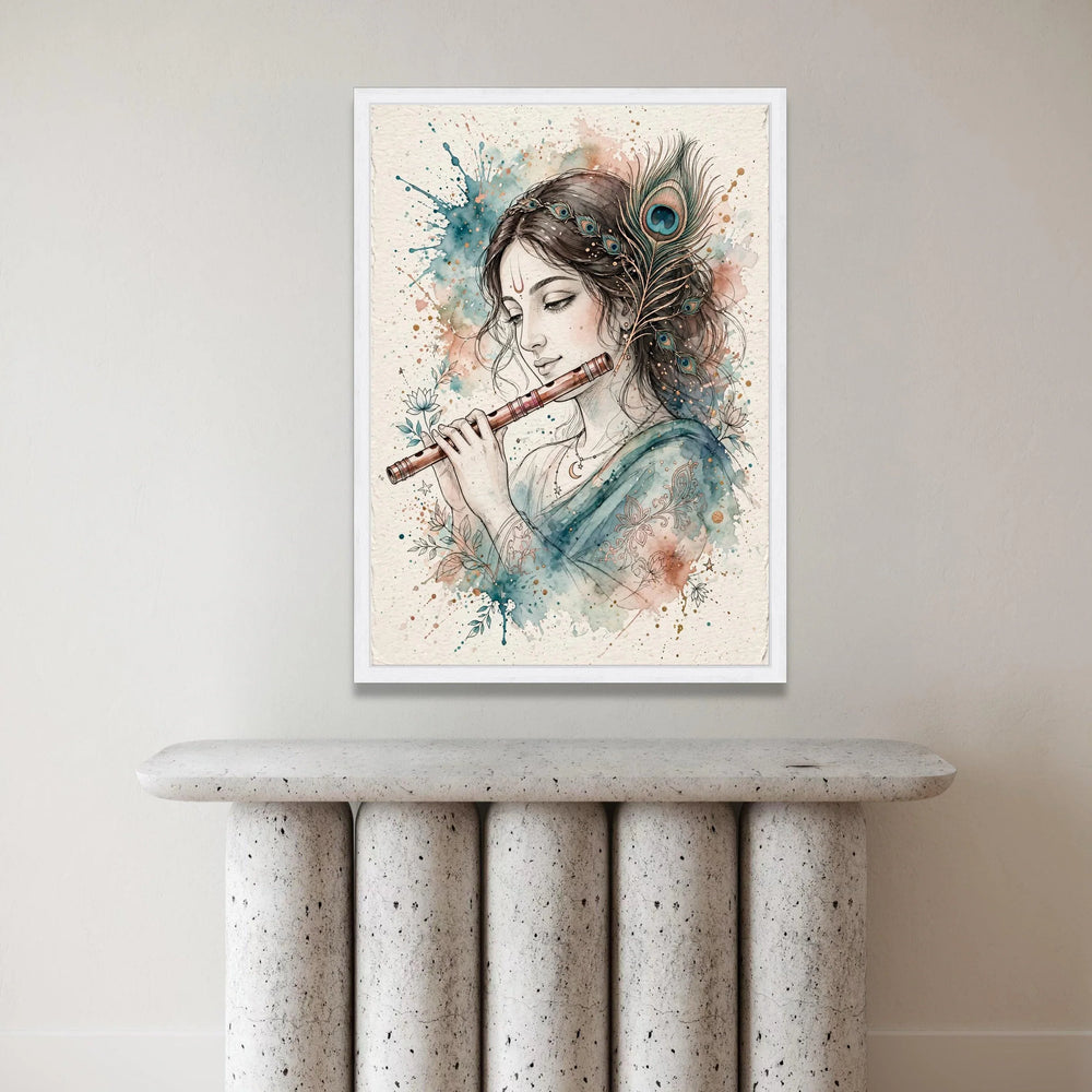 Serene Woman Playing Flute Canvas, Peacock Feather Crown Art, Boho Spiritual Wall Decor, Watercolor Floral Design, Ready to Canvas Print Art