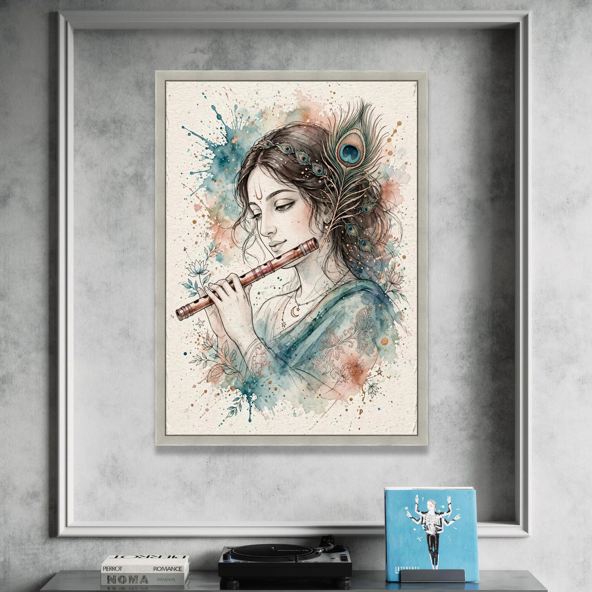 Serene Woman Playing Flute Canvas, Peacock Feather Crown Art, Boho Spiritual Wall Decor, Watercolor Floral Design, Ready to Canvas Print Art