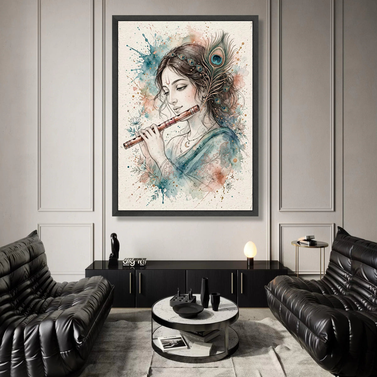 Serene Woman Playing Flute Canvas, Peacock Feather Crown Art, Boho Spiritual Wall Decor, Watercolor Floral Design, Ready to Canvas Print Art