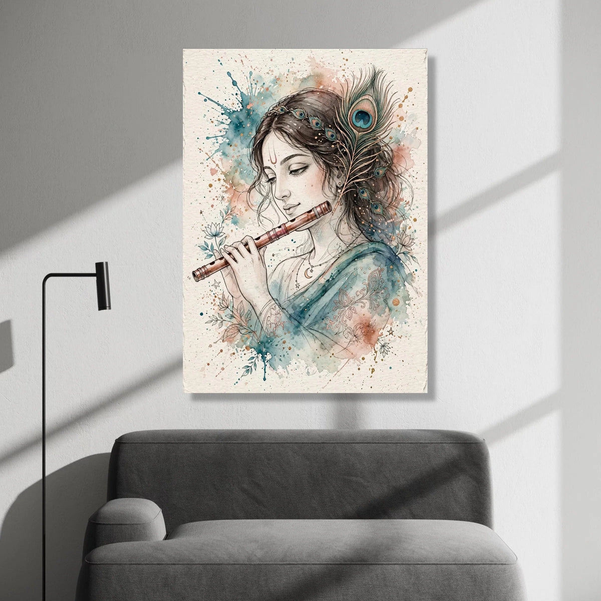 Serene Woman Playing Flute Canvas, Peacock Feather Crown Art, Boho Spiritual Wall Decor, Watercolor Floral Design, Ready to Canvas Print Art