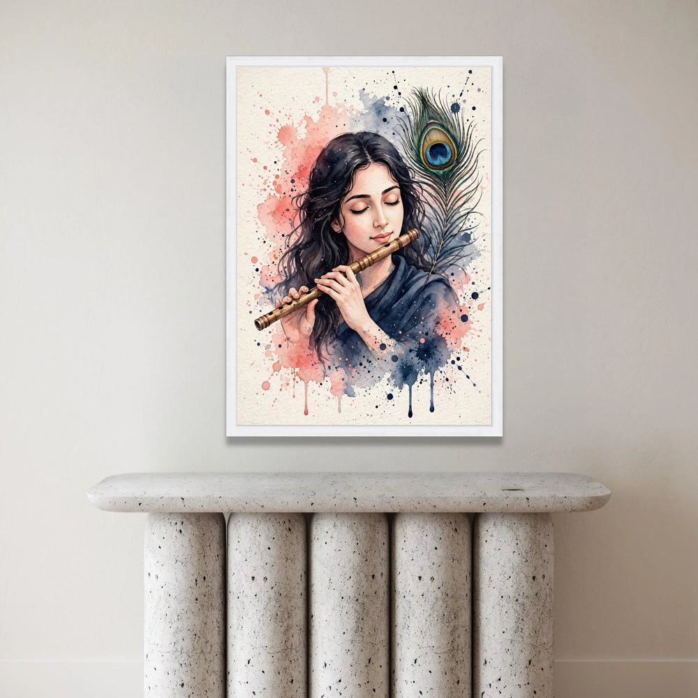 Peaceful Musician with Flute and Peacock Feather Canvas, Watercolor Art Print, Serene Wall Decor, Artistic Home Decoration Canvas Print Art