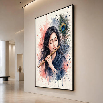 Peaceful Musician with Flute and Peacock Feather Canvas, Watercolor Art Print, Serene Wall Decor, Artistic Home Decoration Canvas Print Art