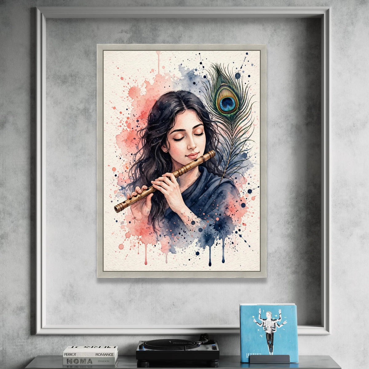 Peaceful Musician with Flute and Peacock Feather Canvas, Watercolor Art Print, Serene Wall Decor, Artistic Home Decoration Canvas Print Art