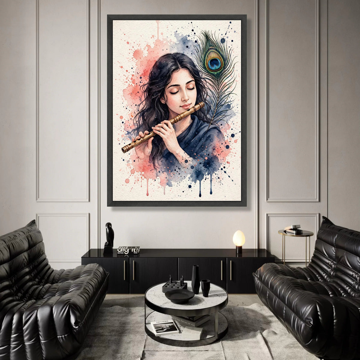 Peaceful Musician with Flute and Peacock Feather Canvas, Watercolor Art Print, Serene Wall Decor, Artistic Home Decoration Canvas Print Art
