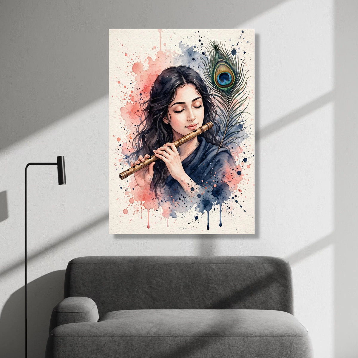 Peaceful Musician with Flute and Peacock Feather Canvas, Watercolor Art Print, Serene Wall Decor, Artistic Home Decoration Canvas Print Art