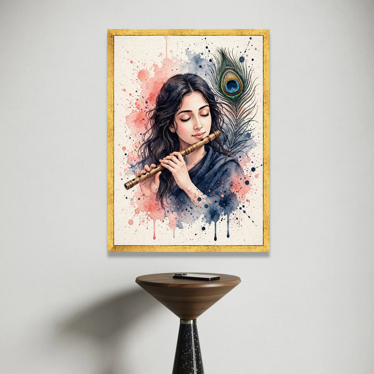 Peaceful Musician with Flute and Peacock Feather Canvas, Watercolor Art Print, Serene Wall Decor, Artistic Home Decoration Canvas Print Art