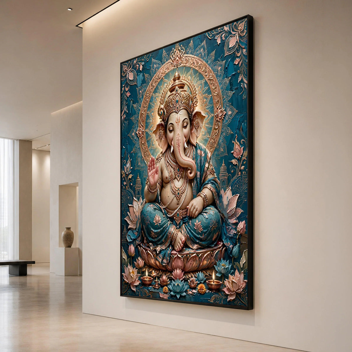 Elegant Lord Ganesha Canvas Wall Art, Spiritual Indian Elephant God, Blue and Gold Home Decor, Sacred Hindu Symbol, Canvas Print Art