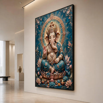 Elegant Lord Ganesha Canvas Wall Art, Spiritual Indian Elephant God, Blue and Gold Home Decor, Sacred Hindu Symbol, Canvas Print Art