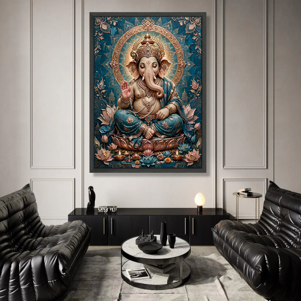 Elegant Lord Ganesha Canvas Wall Art, Spiritual Indian Elephant God, Blue and Gold Home Decor, Sacred Hindu Symbol, Canvas Print Art