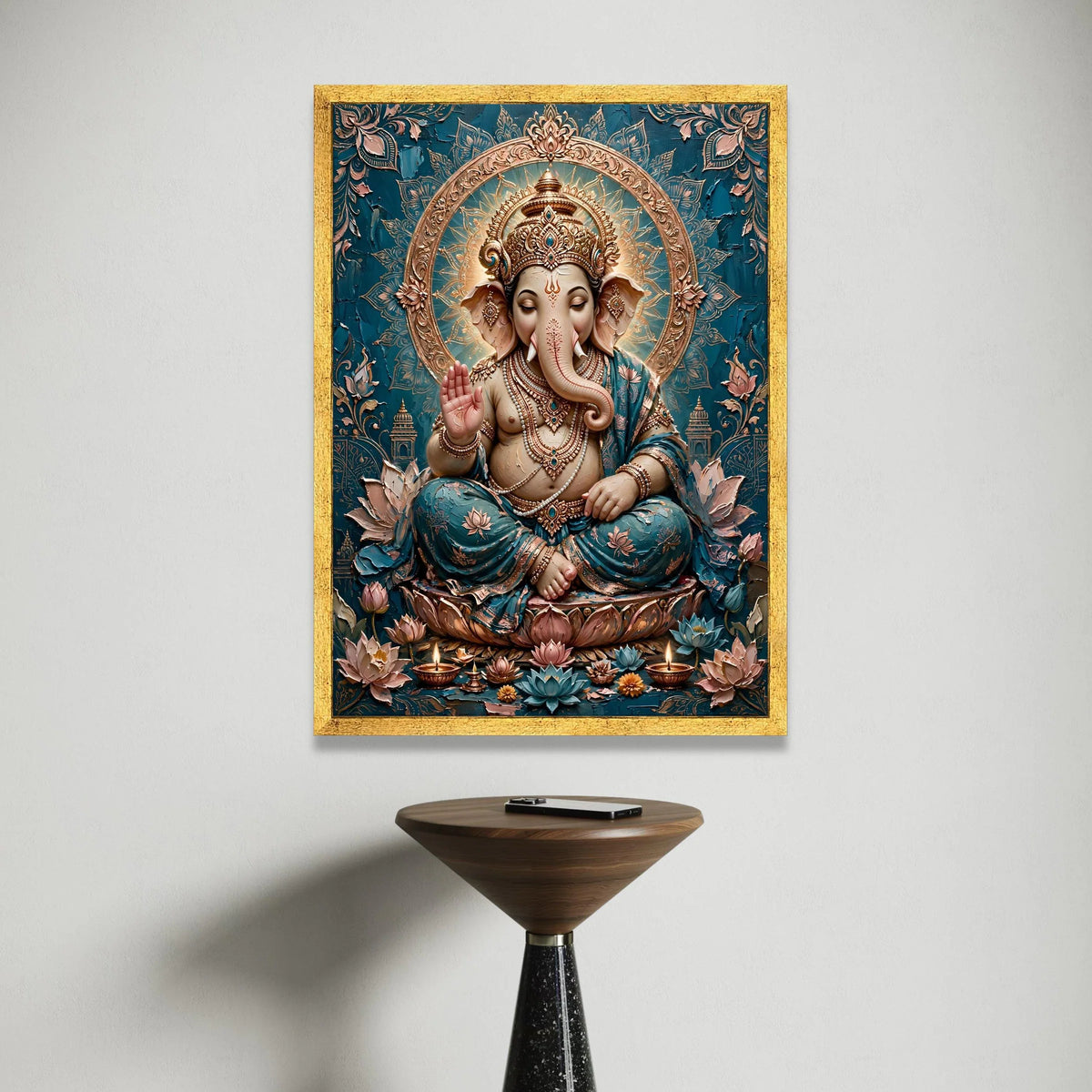 Elegant Lord Ganesha Canvas Wall Art, Spiritual Indian Elephant God, Blue and Gold Home Decor, Sacred Hindu Symbol, Canvas Print Art