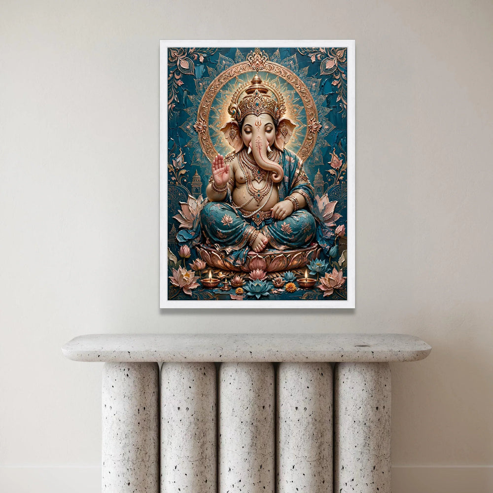 Elegant Lord Ganesha Canvas Wall Art, Spiritual Indian Elephant God, Blue and Gold Home Decor, Sacred Hindu Symbol, Canvas Print Art